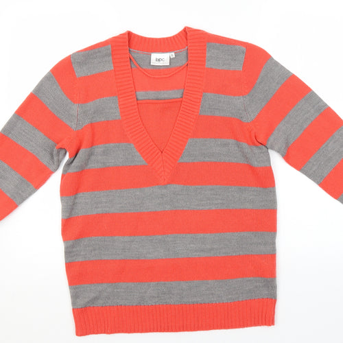 bonprix Womens Red V-Neck Striped Polyester Pullover Jumper Size 12