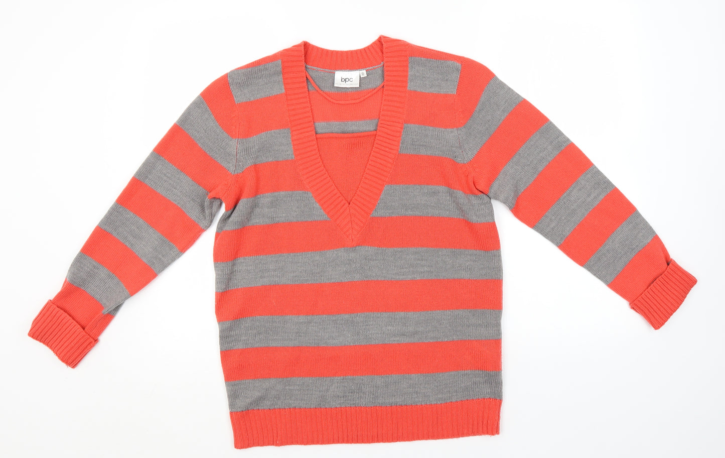 bonprix Womens Red V-Neck Striped Polyester Pullover Jumper Size 12