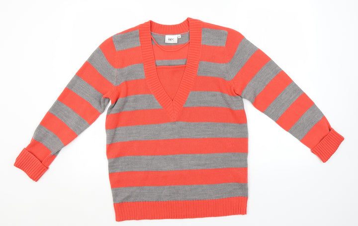 bonprix Womens Red V-Neck Striped Polyester Pullover Jumper Size 12