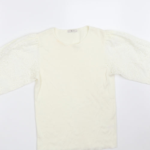 TU Womens Ivory Round Neck Floral Cotton Pullover Jumper Size 10