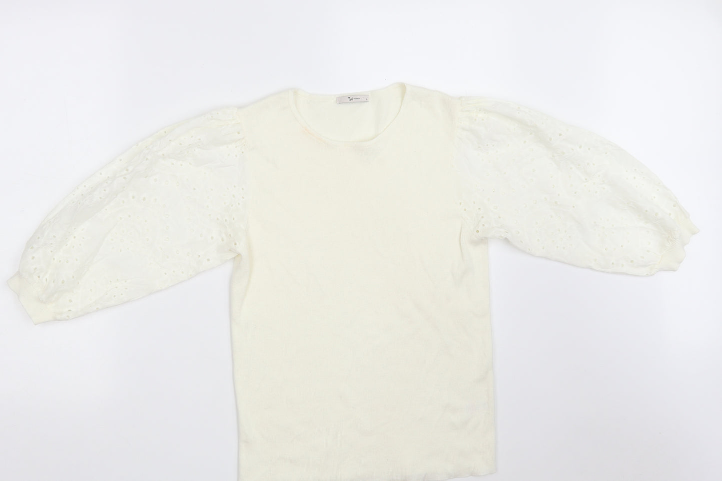 TU Womens Ivory Round Neck Floral Cotton Pullover Jumper Size 10