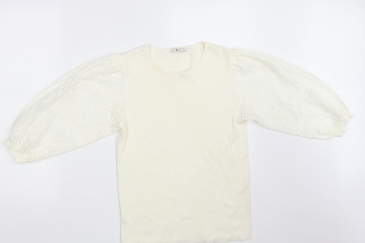 TU Womens Ivory Round Neck Floral Cotton Pullover Jumper Size 10