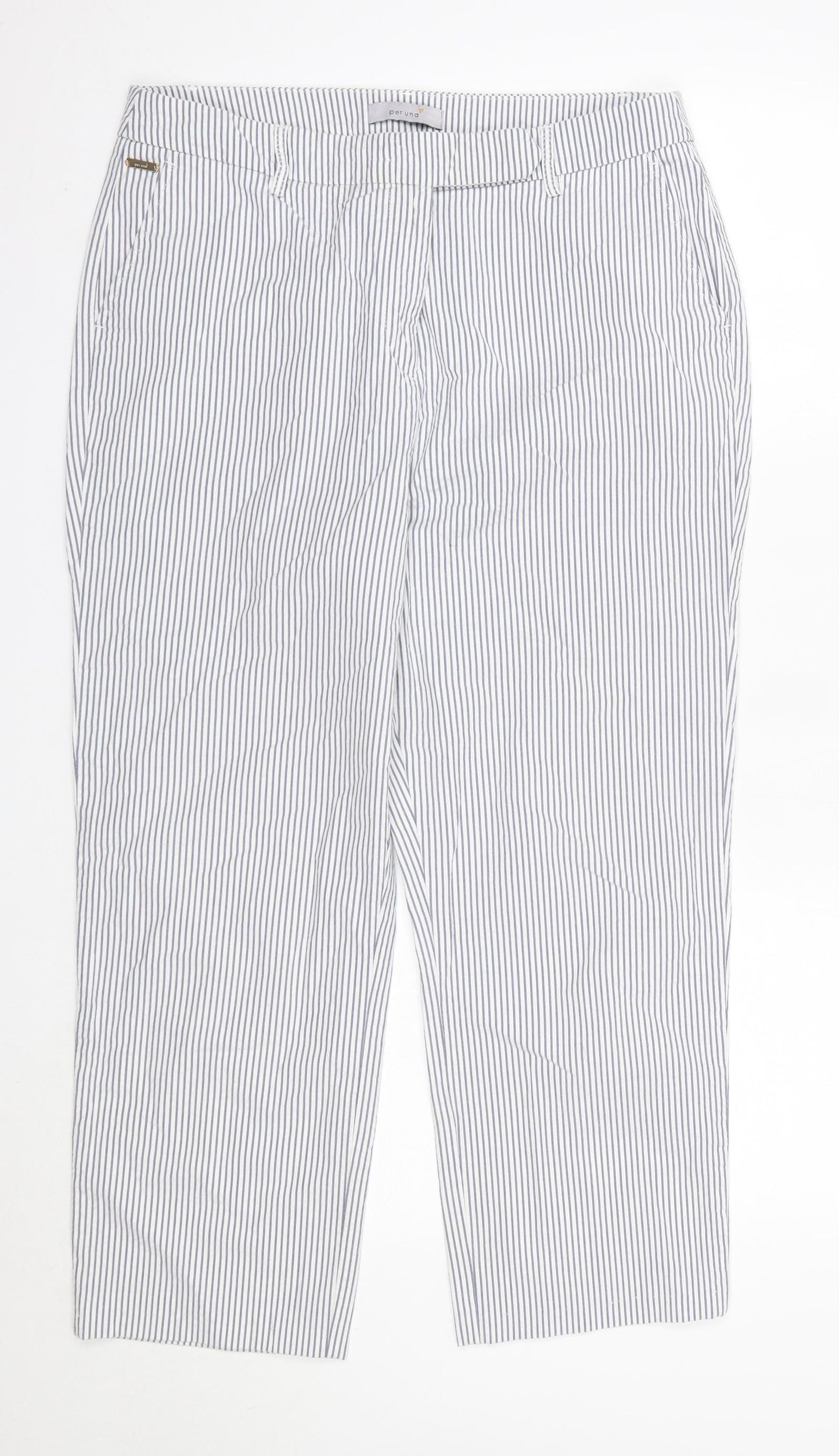 M&S Womens Blue Striped Cotton Trousers  Size 14 L25 in Regular  - Long