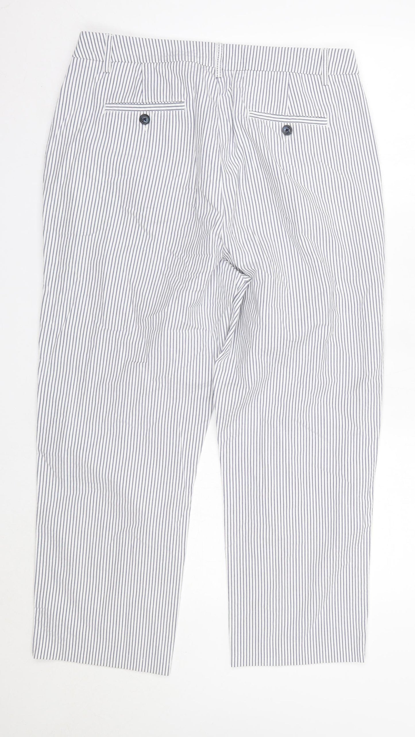 M&S Womens Blue Striped Cotton Trousers  Size 14 L25 in Regular  - Long