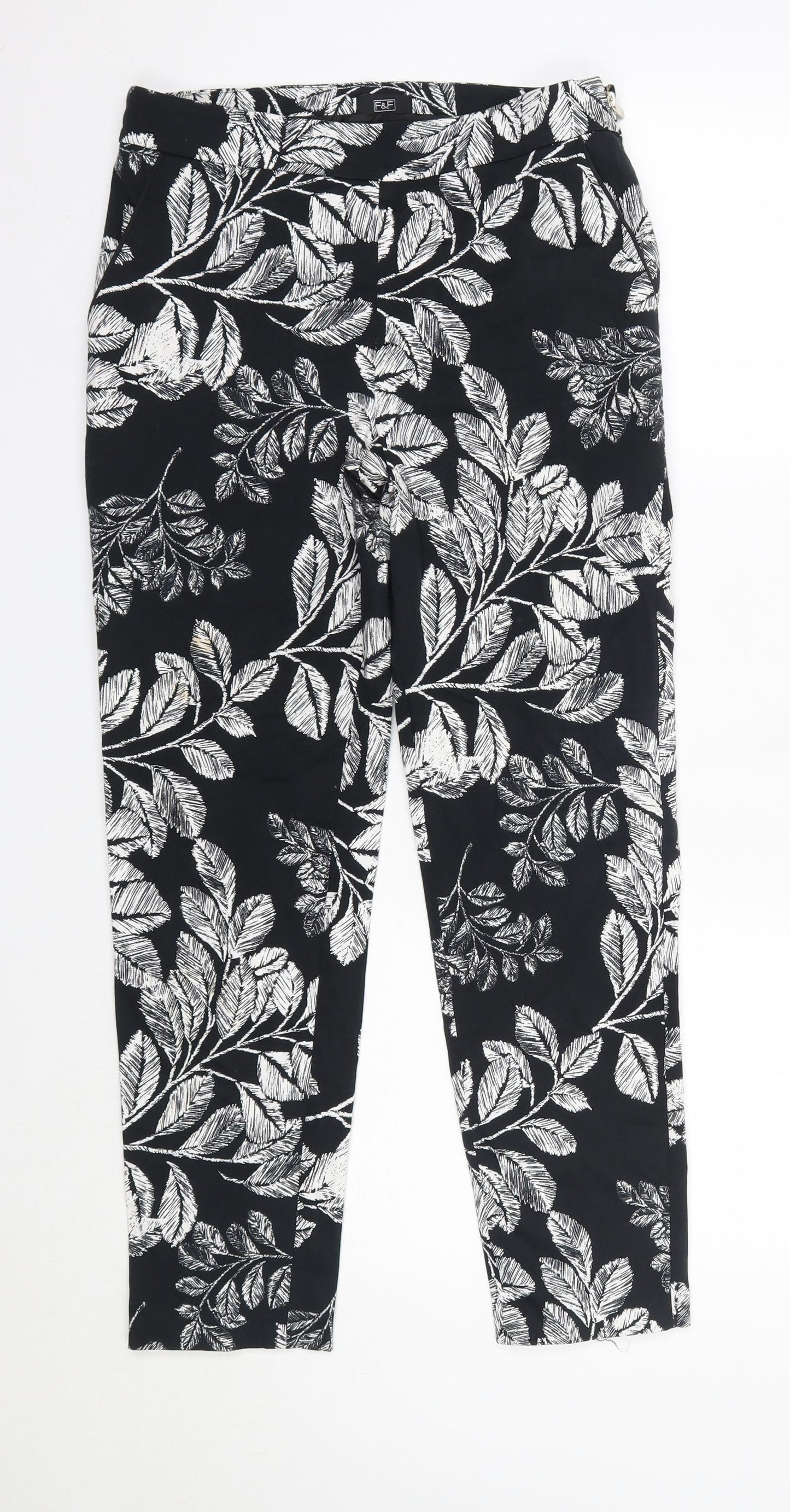F&F Womens Black Floral Cotton Dress Pants Trousers Size 8 L26 in Regular