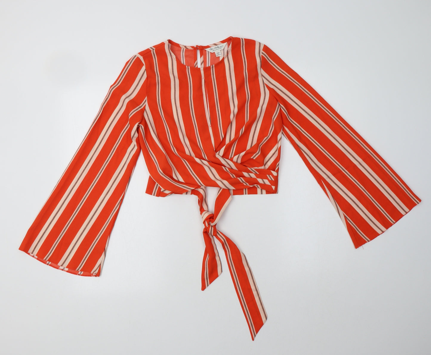Miss Selfridge Womens Orange Striped Polyester Cropped Blouse Size 8 Round Neck
