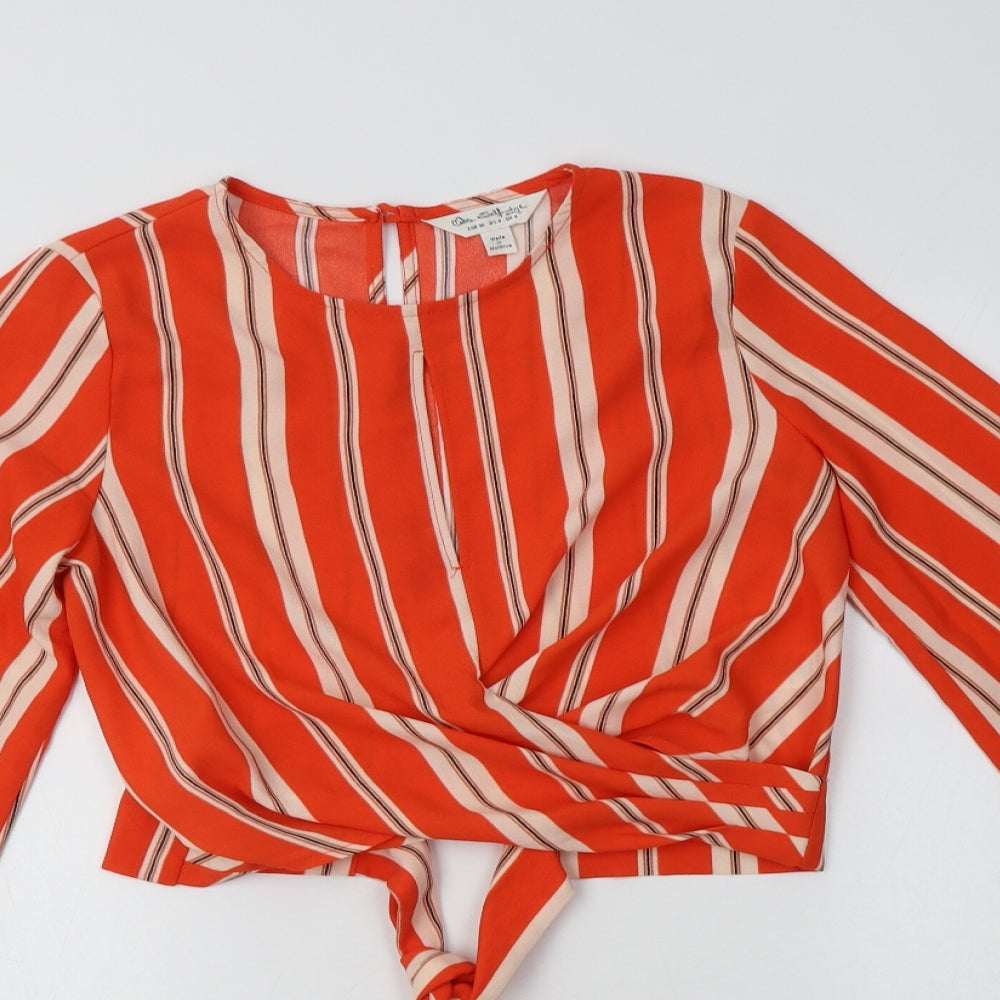Miss Selfridge Womens Orange Striped Polyester Cropped Blouse Size 8 Round Neck