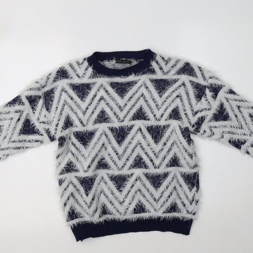 Best Live Womens Blue Crew Neck Geometric Acrylic Pullover Jumper Size S
