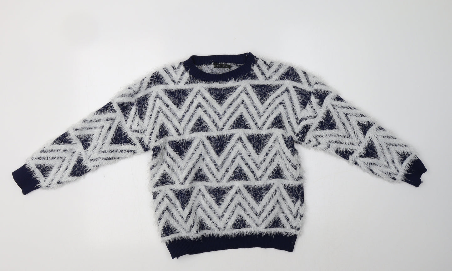 Best Live Womens Blue Crew Neck Geometric Acrylic Pullover Jumper Size S