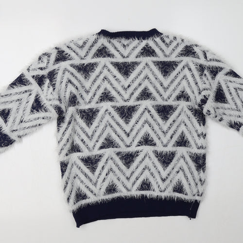 Best Live Womens Blue Crew Neck Geometric Acrylic Pullover Jumper Size S