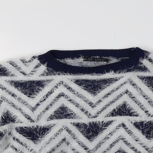 Best Live Womens Blue Crew Neck Geometric Acrylic Pullover Jumper Size S