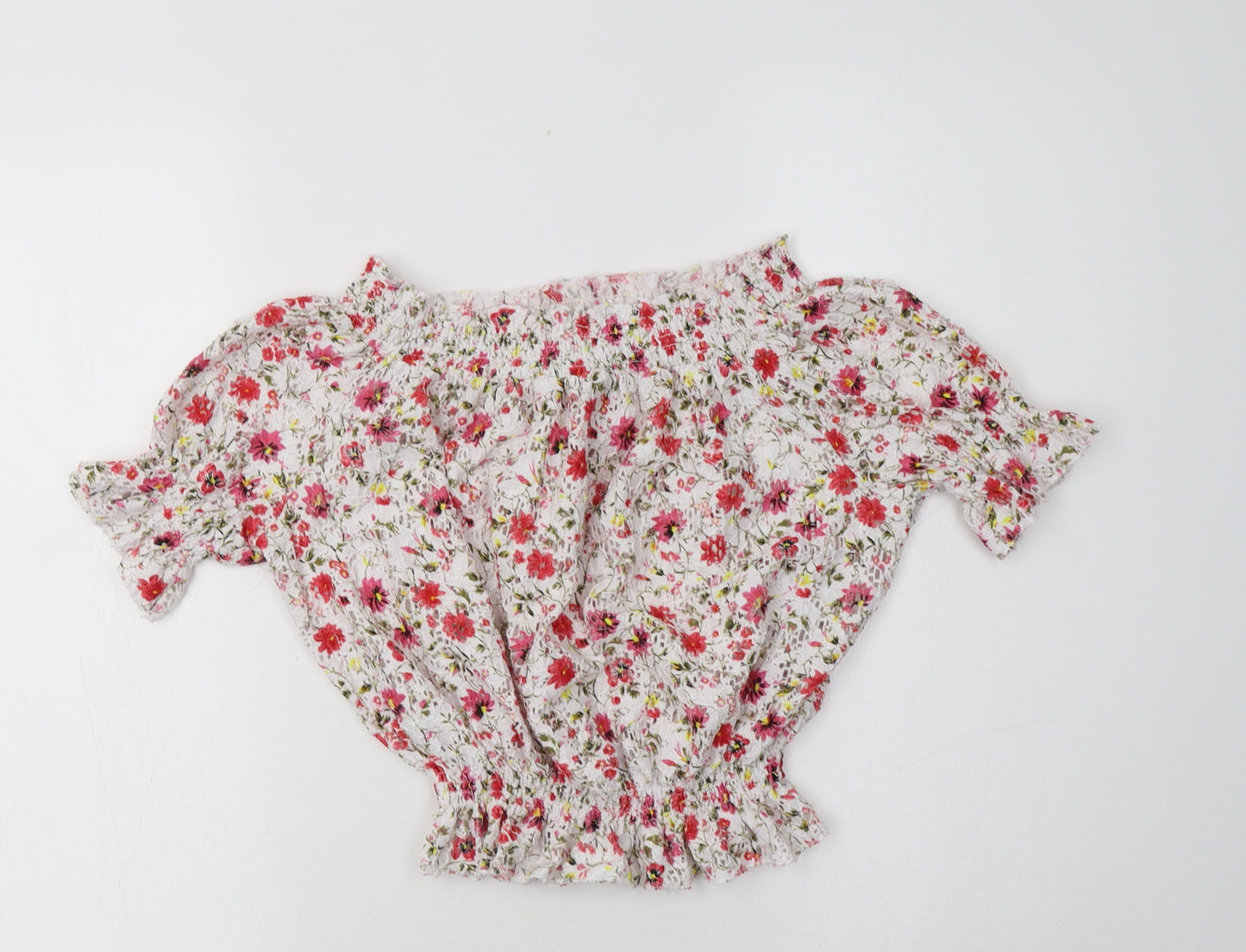 New Look Womens White Floral Polyester Cropped Blouse Size 8 Off the Shoulder