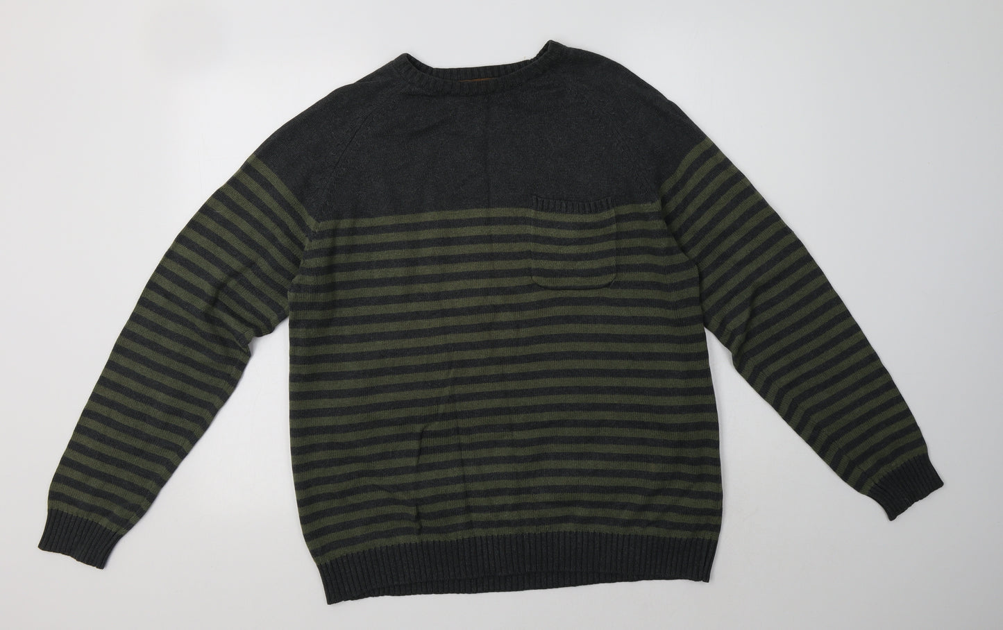 TU Mens Green Crew Neck Striped Cotton Pullover Jumper Size XL