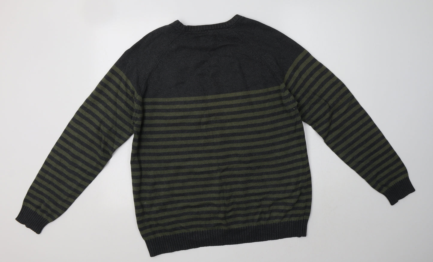 TU Mens Green Crew Neck Striped Cotton Pullover Jumper Size XL