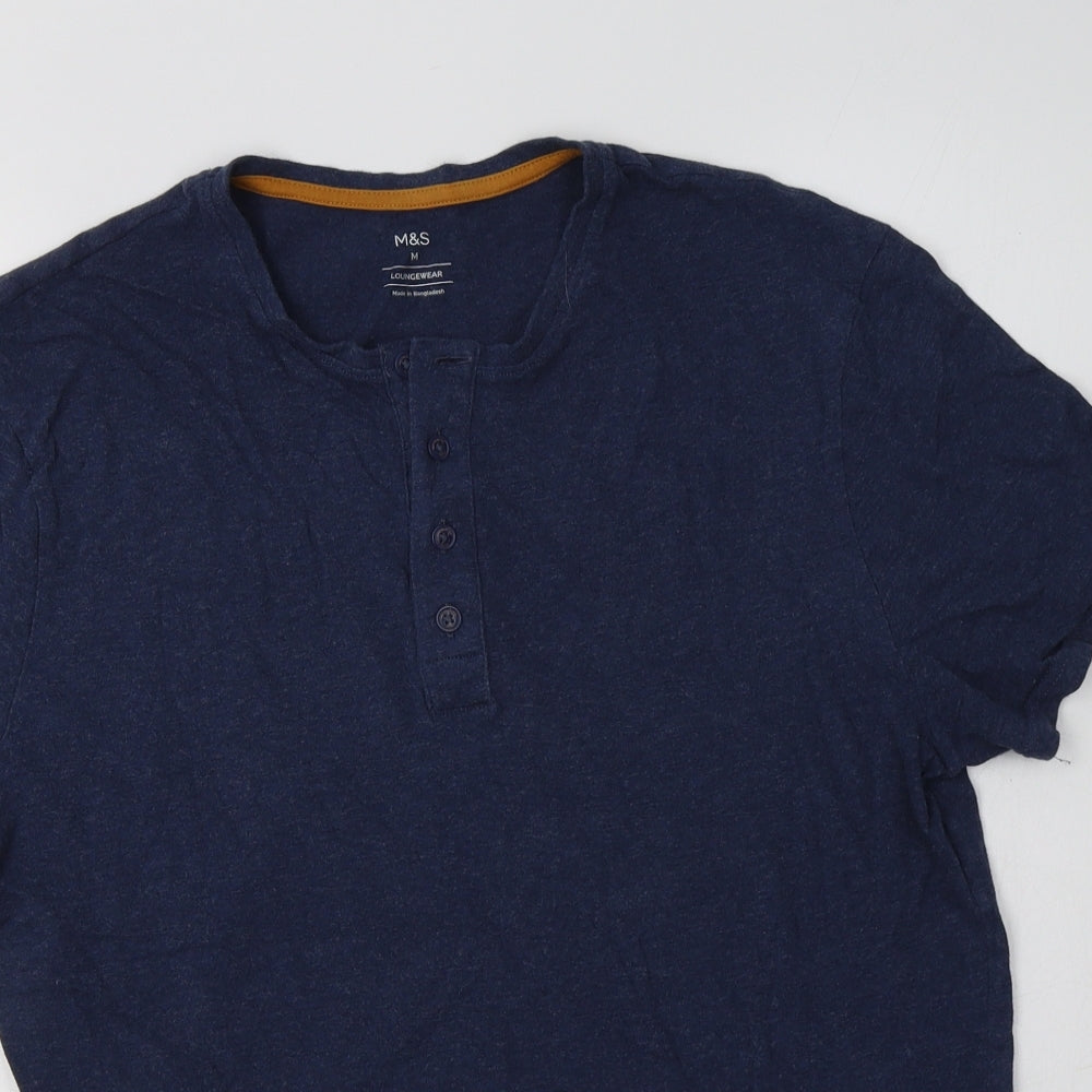 M&S Mens Blue  Cotton  T-Shirt Size M Henley