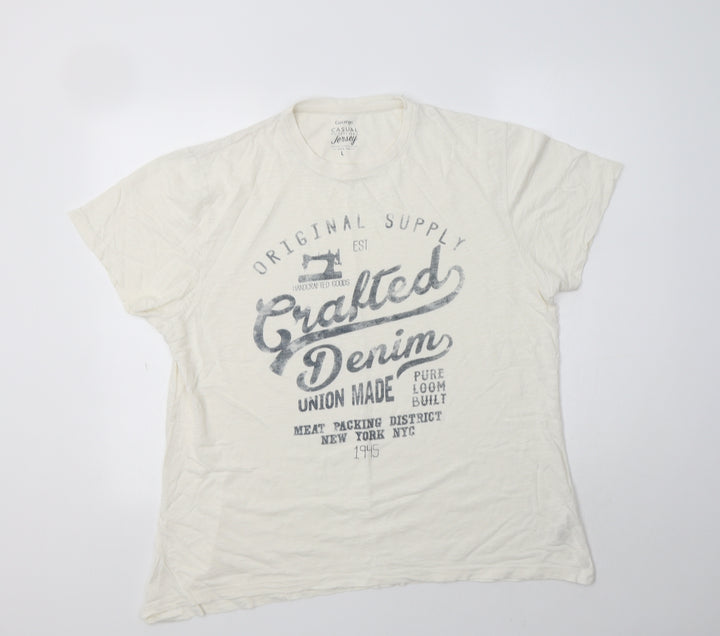George Mens Ivory Cotton T-Shirt Size L Crew Neck