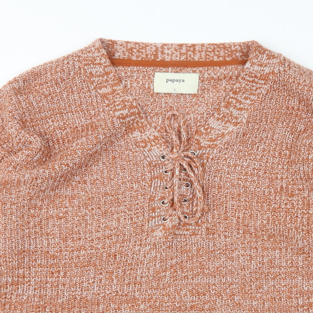 Papaya Womens Brown V-Neck  Acrylic Pullover Jumper Size L