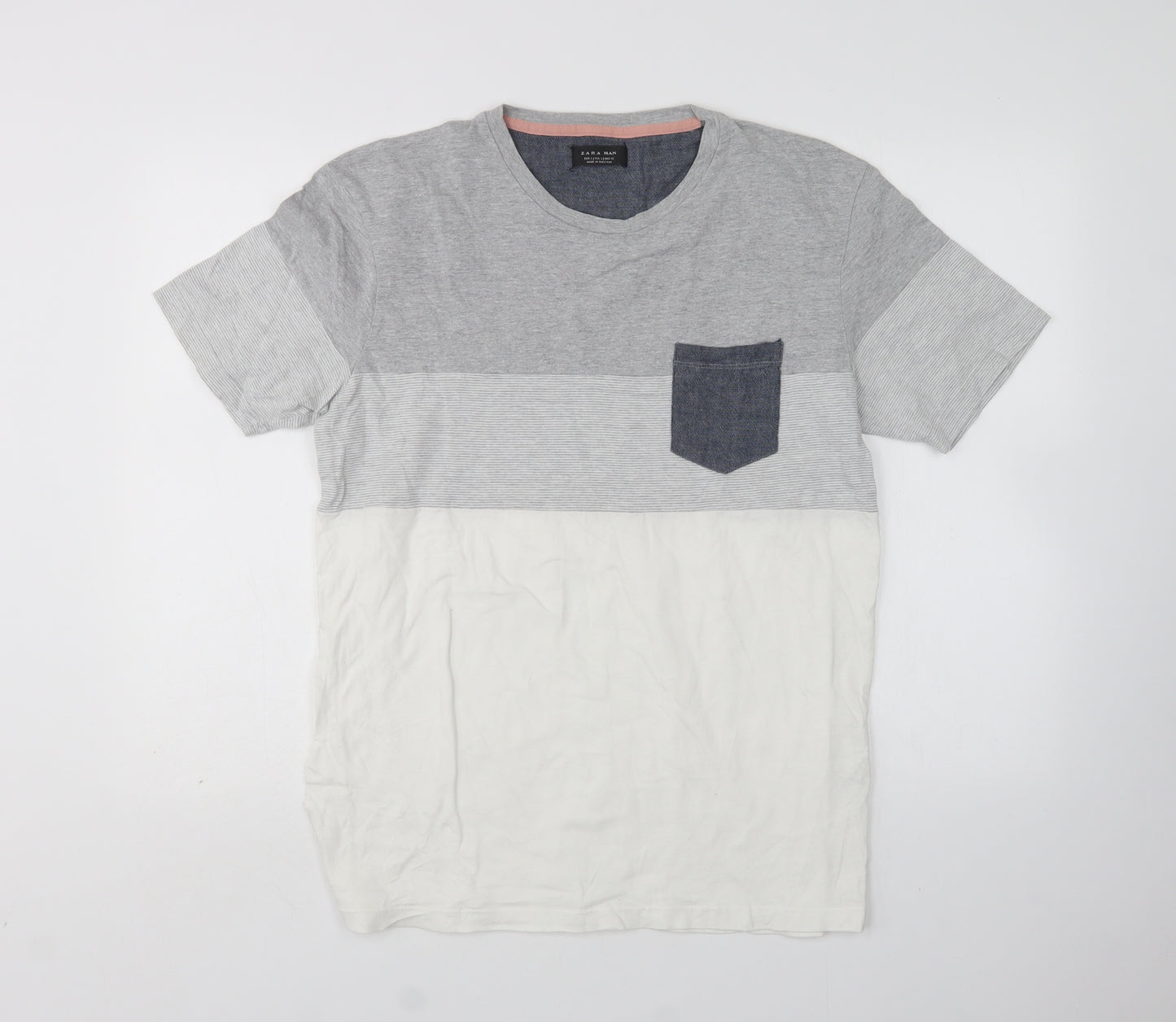 Zara Mens Multicoloured Striped Cotton  T-Shirt Size L Round Neck