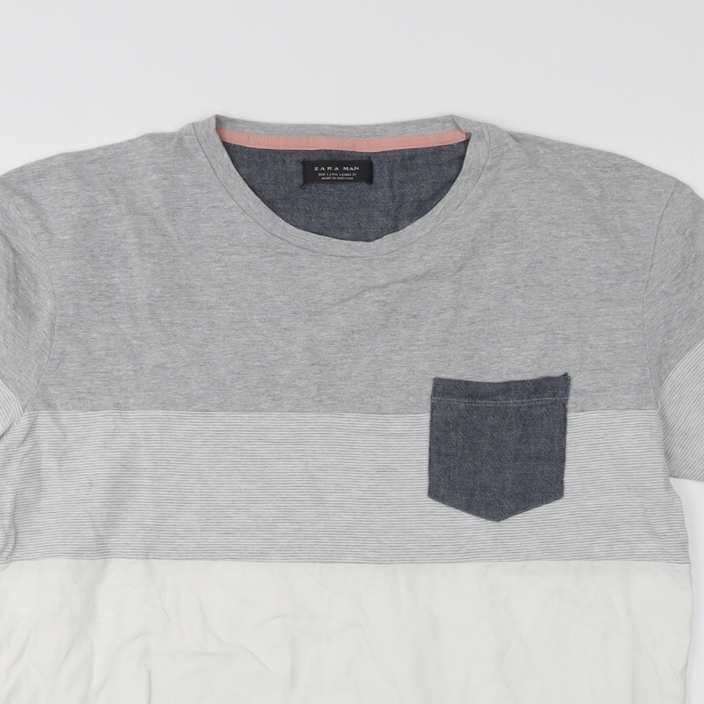 Zara Mens Multicoloured Striped Cotton  T-Shirt Size L Round Neck