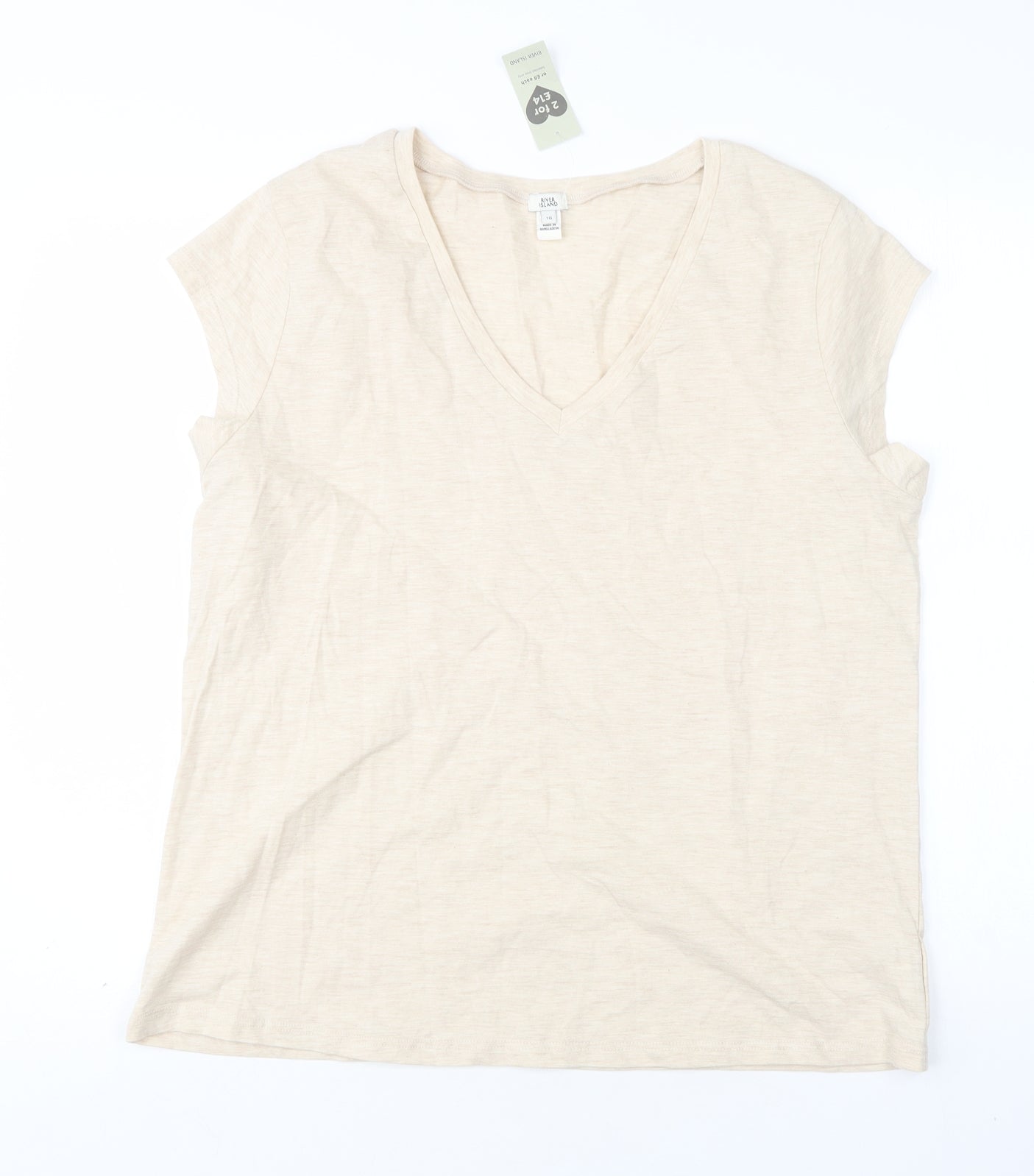 River Island Womens Beige  Cotton Basic T-Shirt Size 16 V-Neck