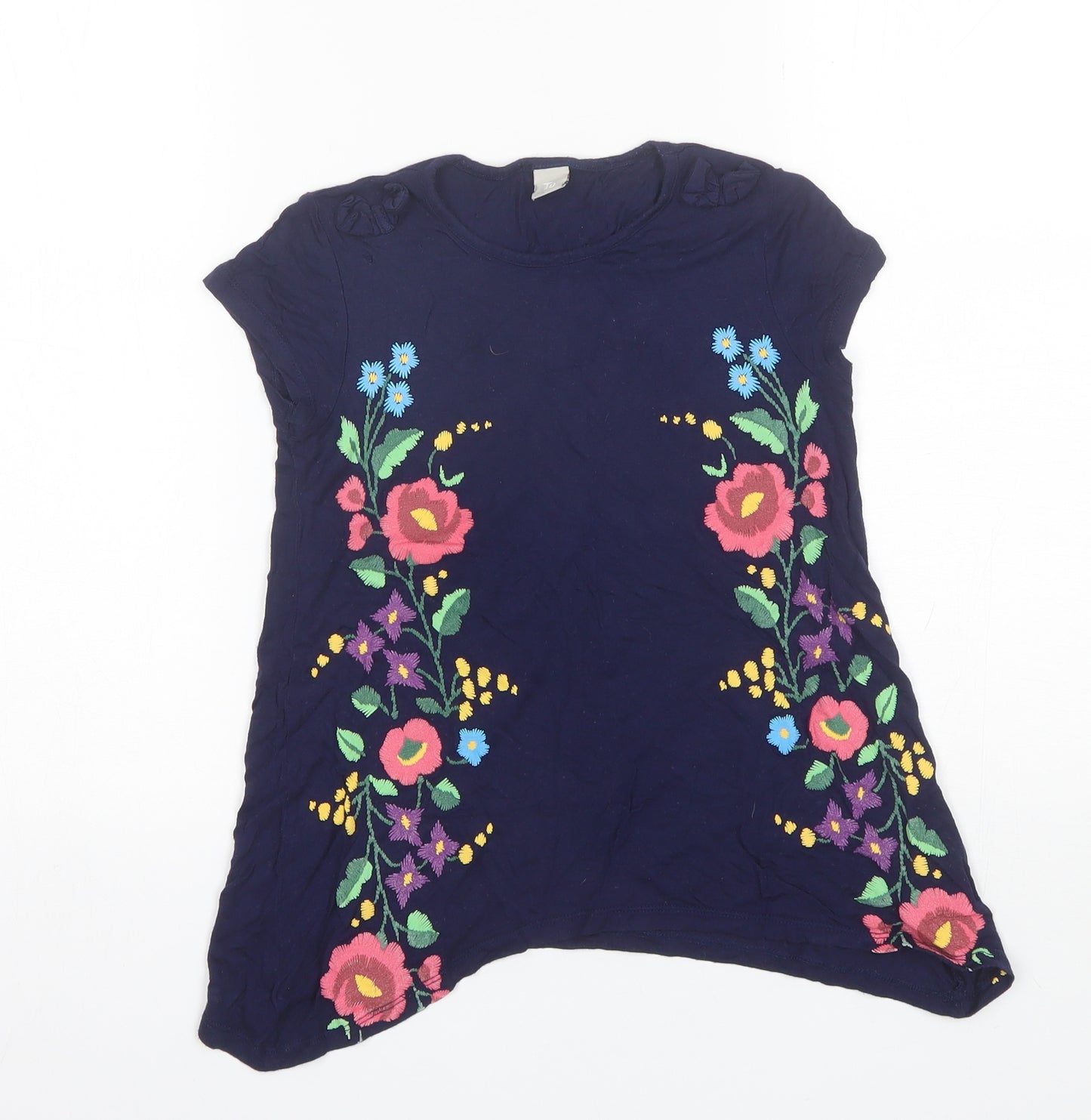 TU Girls Blue Floral Viscose Basic T-Shirt Size 7 Years Round Neck