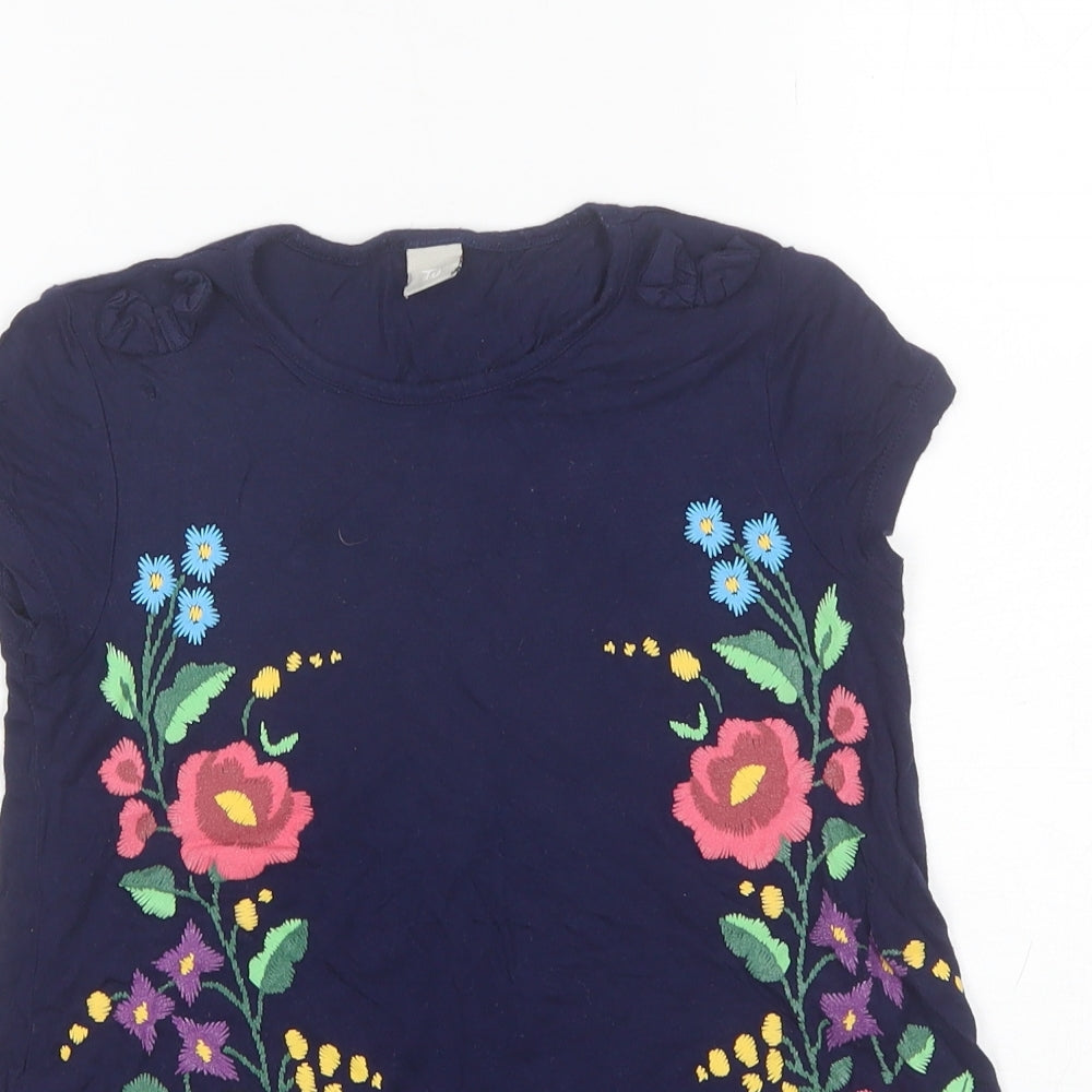 TU Girls Blue Floral Viscose Basic T-Shirt Size 7 Years Round Neck