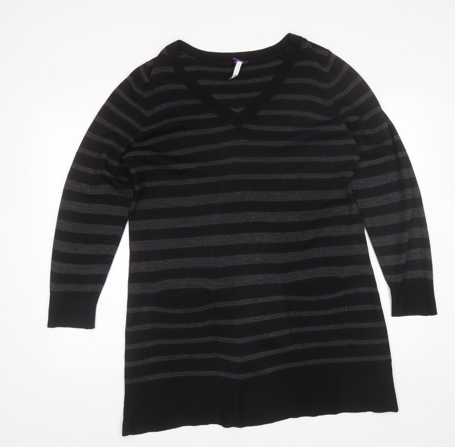 BHS Womens Black V-Neck Striped Acrylic Pullover Jumper Size 16