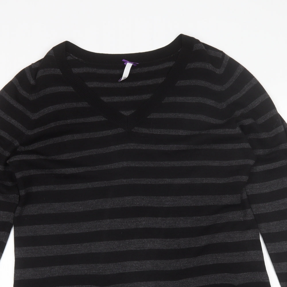 BHS Womens Black V-Neck Striped Acrylic Pullover Jumper Size 16