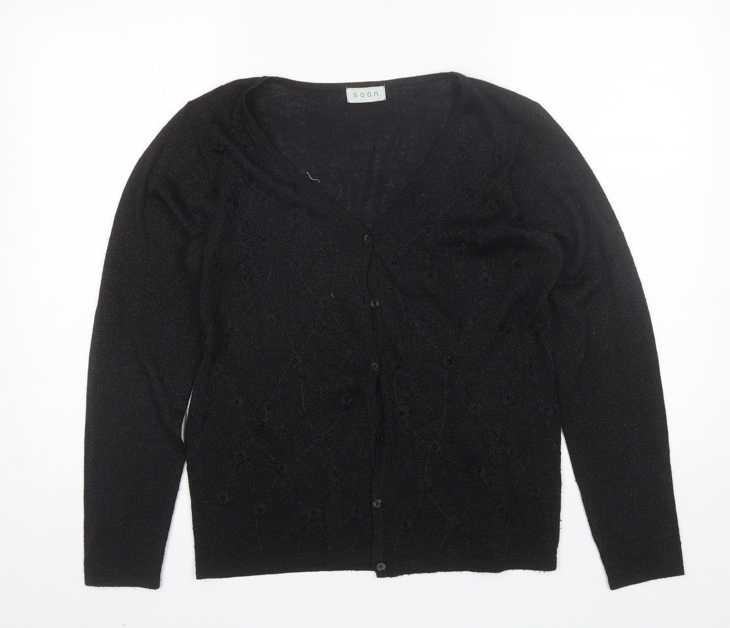 Soon Womens Black V-Neck  Viscose Cardigan Jumper Size S