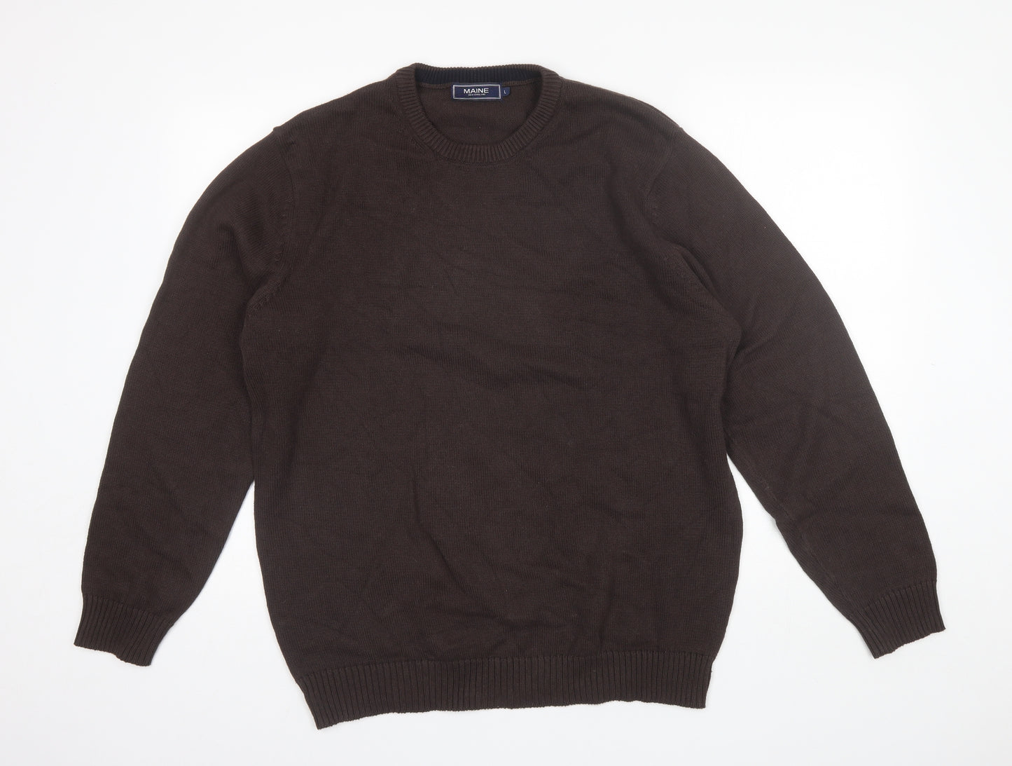 Maine Mens Brown Round Neck  Cotton Pullover Jumper Size L