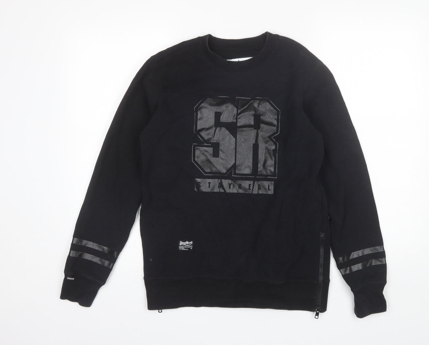STAYREAL Mens Black Round Neck  Cotton Pullover Jumper Size S