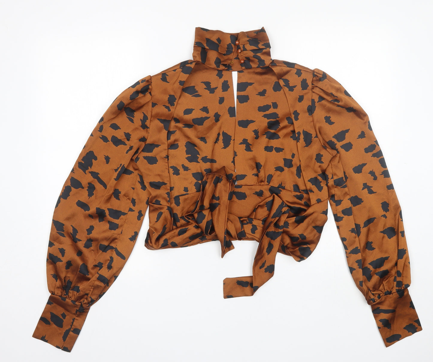 CBR Womens Brown Animal Print Polyester Basic Blouse Size S Mock Neck