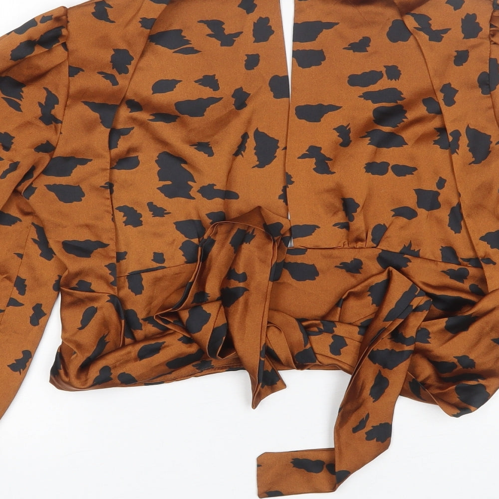 CBR Womens Brown Animal Print Polyester Basic Blouse Size S Mock Neck
