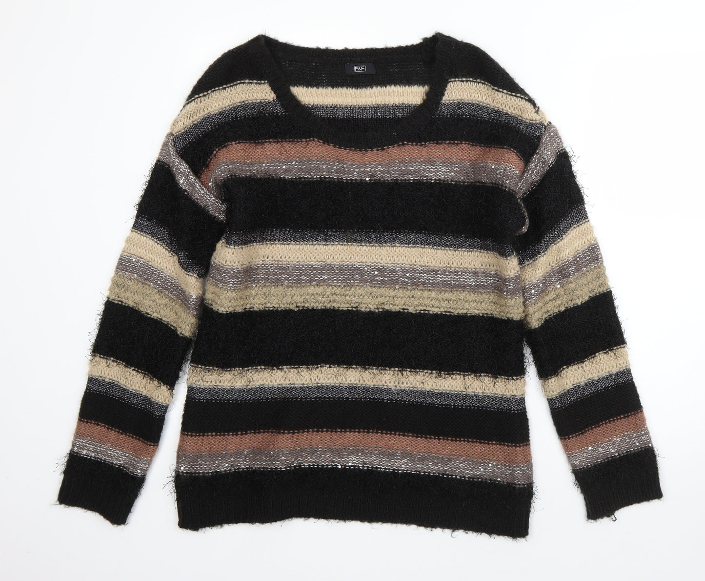 F&F Womens Multicoloured Round Neck Striped Acrylic Pullover Jumper Size 12