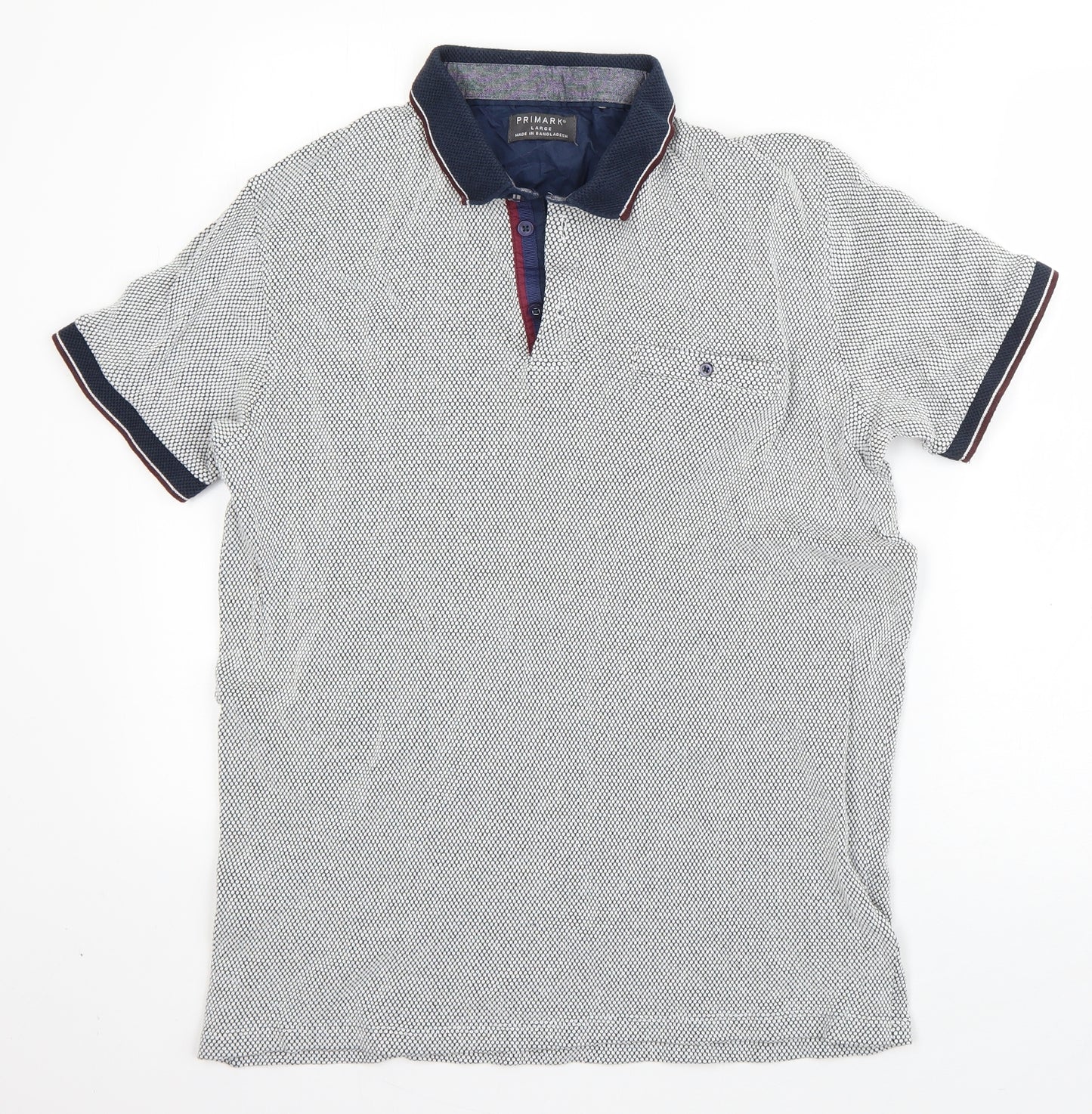 Primark Mens White Polka Dot Cotton  Polo Size L Collared