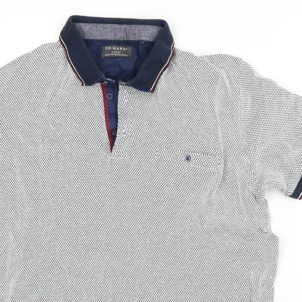 Primark Mens White Polka Dot Cotton  Polo Size L Collared