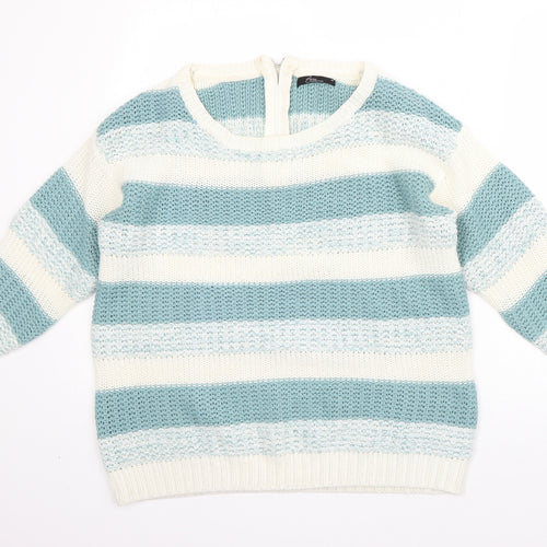 BM Womens White High Neck Striped Acrylic Pullover Jumper Size M