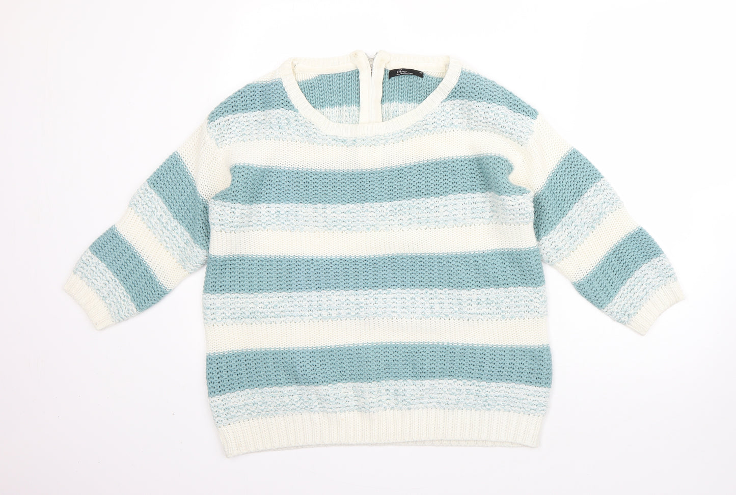 BM Womens White High Neck Striped Acrylic Pullover Jumper Size M
