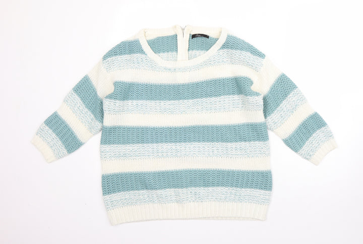 BM Womens White High Neck Striped Acrylic Pullover Jumper Size M