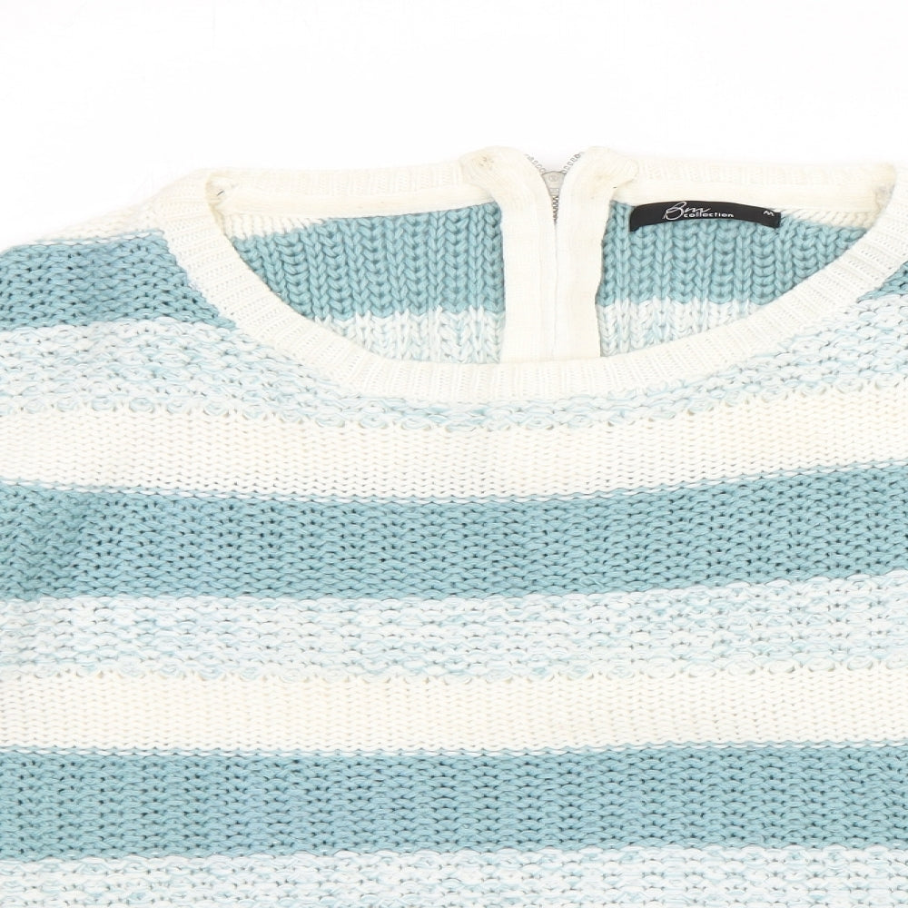 BM Womens White High Neck Striped Acrylic Pullover Jumper Size M