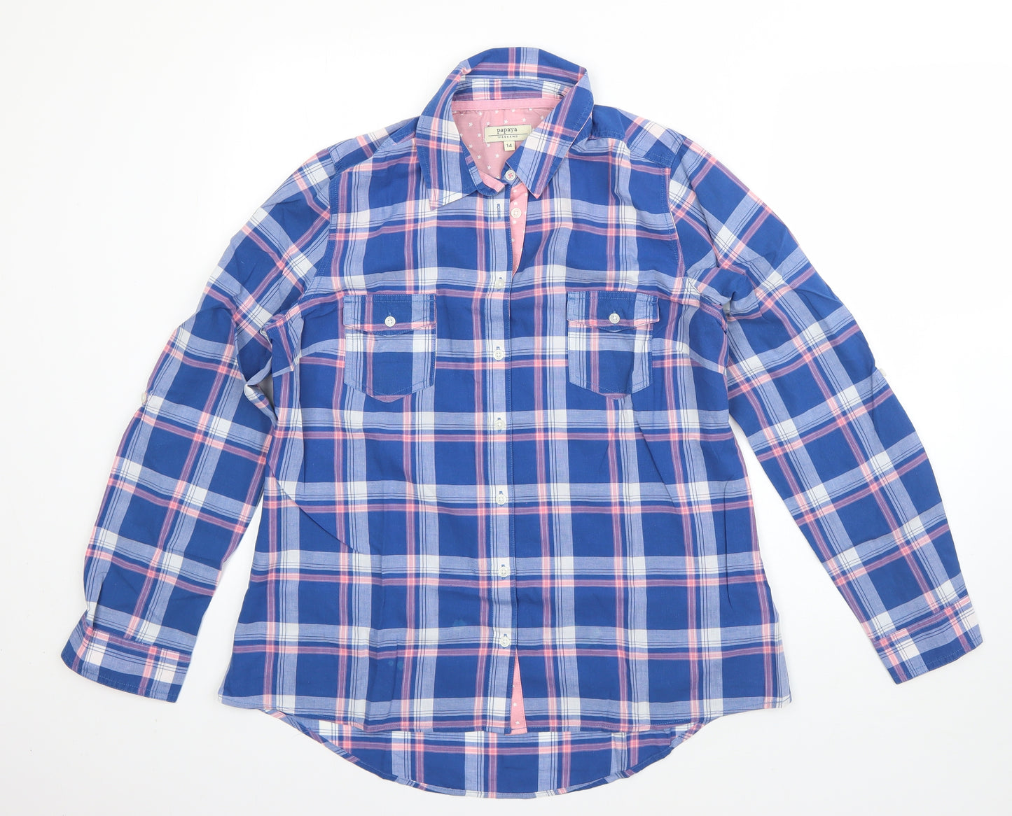Papaya Womens Blue Plaid Cotton  Nightshirt Size 14  Button