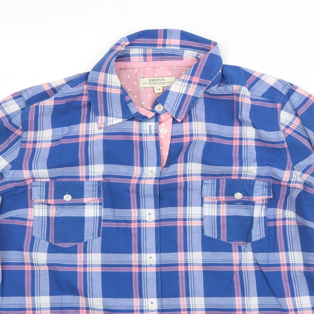 Papaya Womens Blue Plaid Cotton  Nightshirt Size 14  Button
