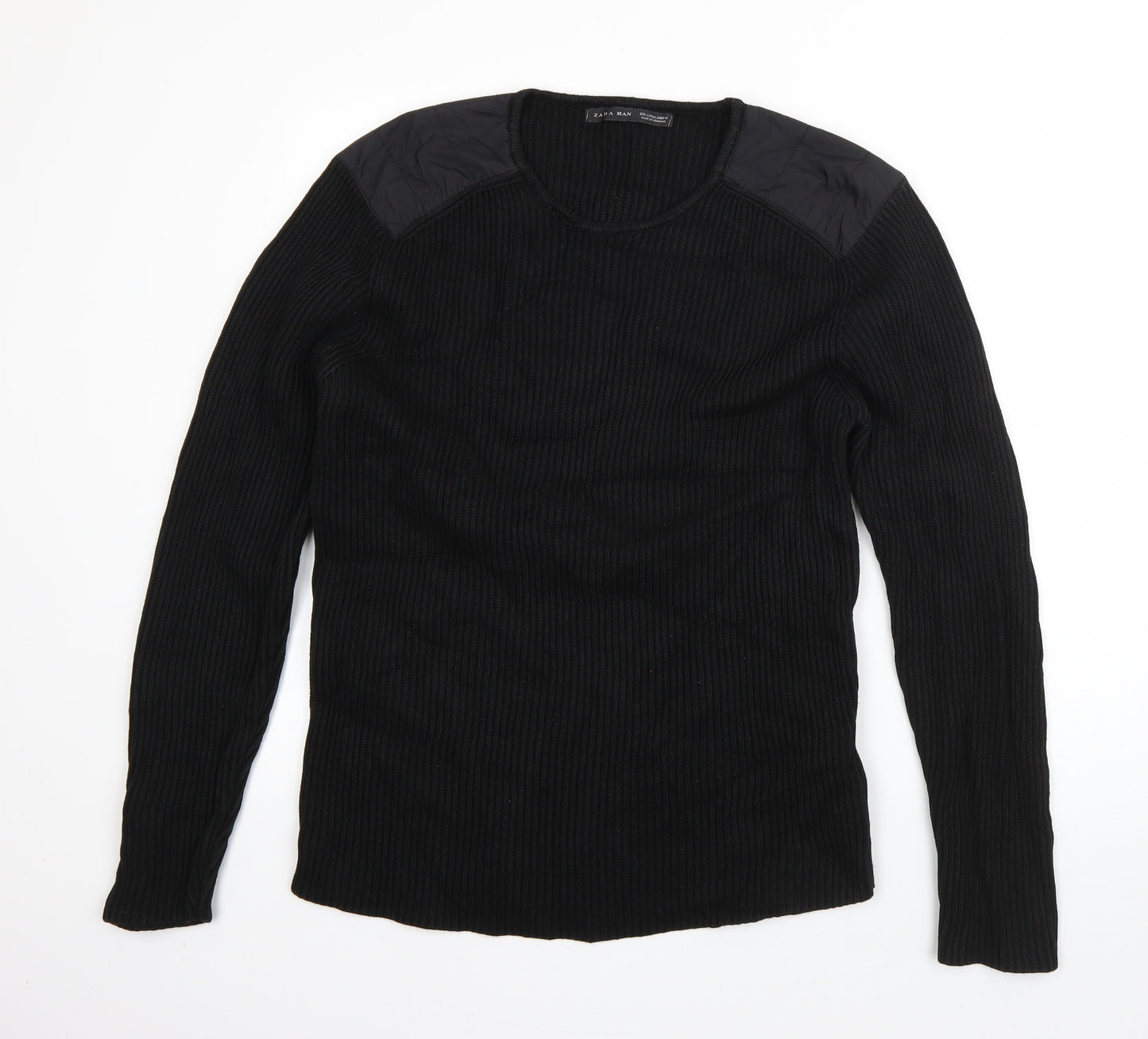 Zara Mens Black Round Neck  Cotton Pullover Jumper Size L
