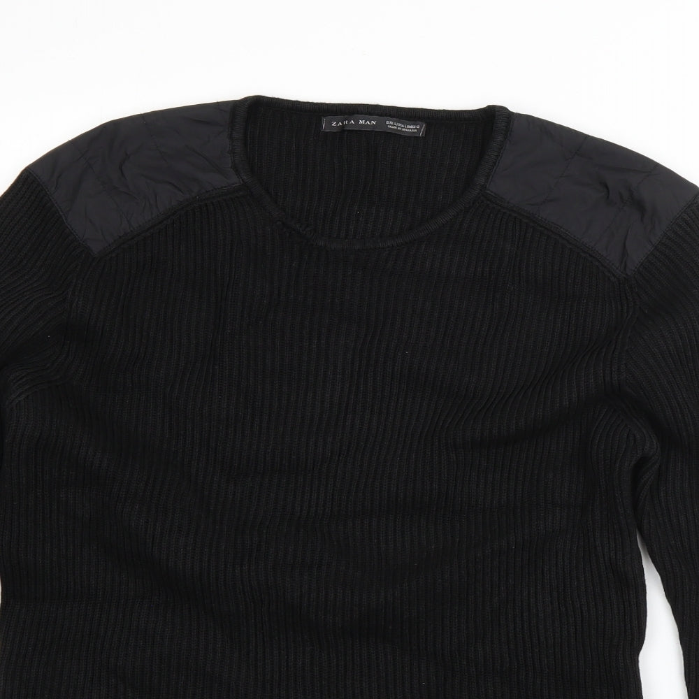 Zara Mens Black Round Neck  Cotton Pullover Jumper Size L