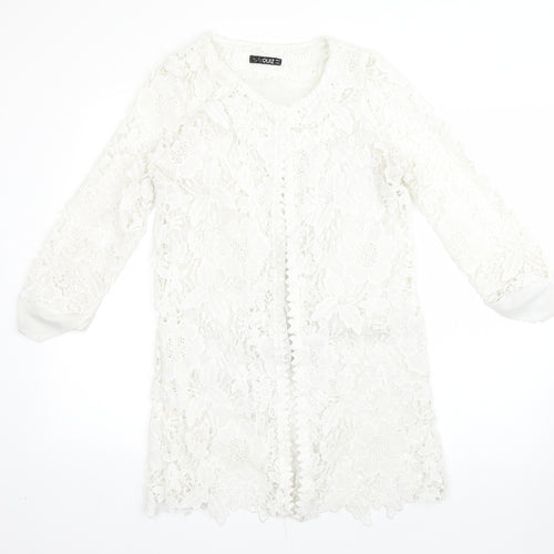 Quiz Womens White Round Neck Floral Polyester Cardigan Jumper Size 8
