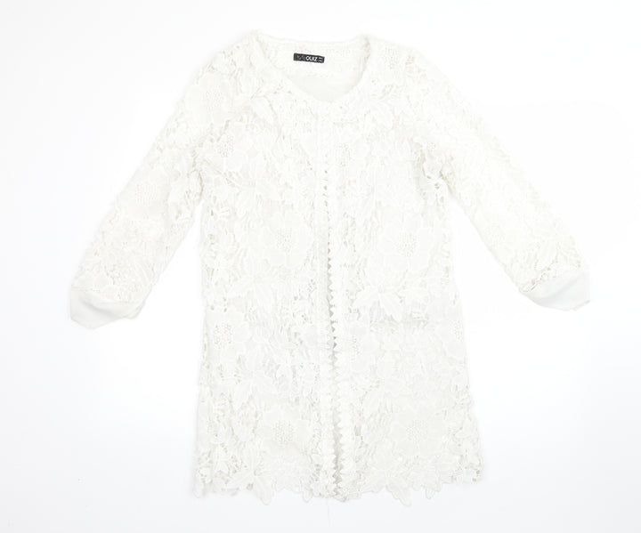 Quiz Womens White Round Neck Floral Polyester Cardigan Jumper Size 8