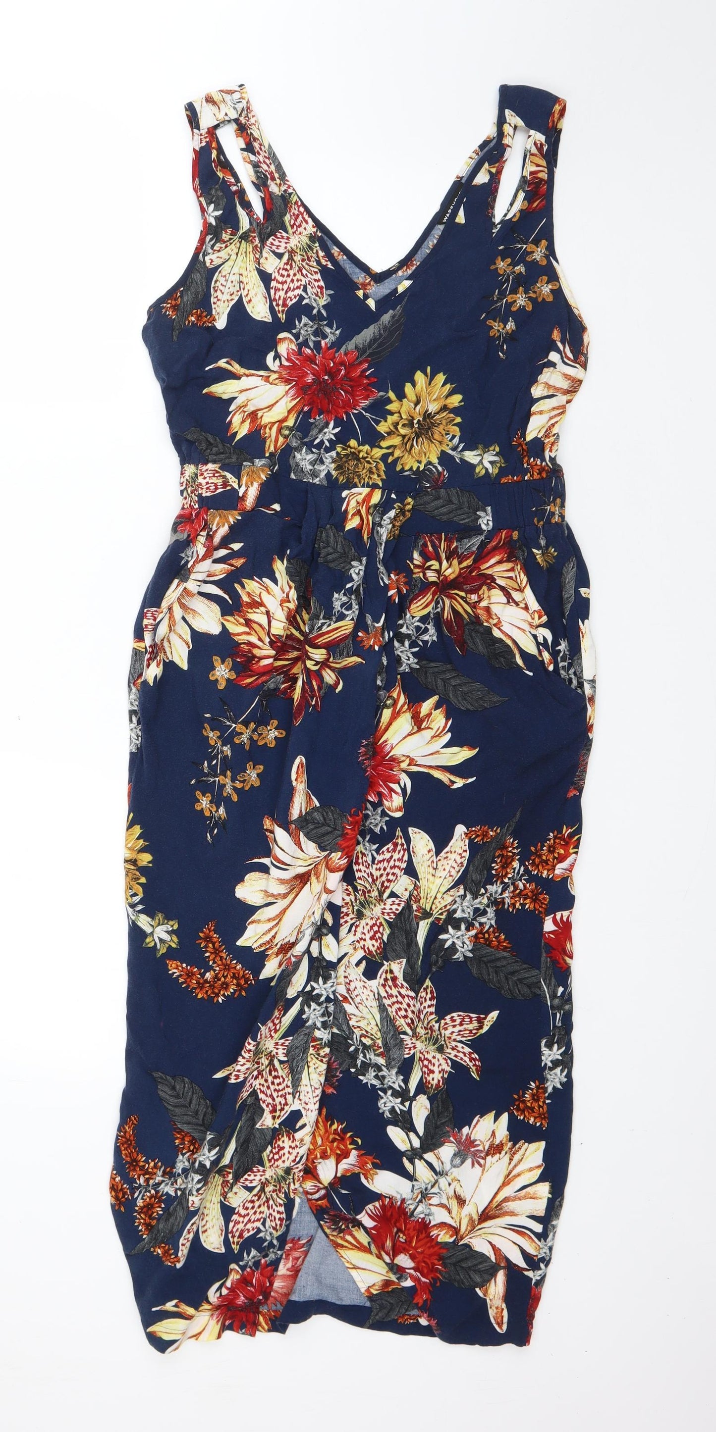 Warehouse Womens Blue Floral Viscose Shift  Size 12  V-Neck