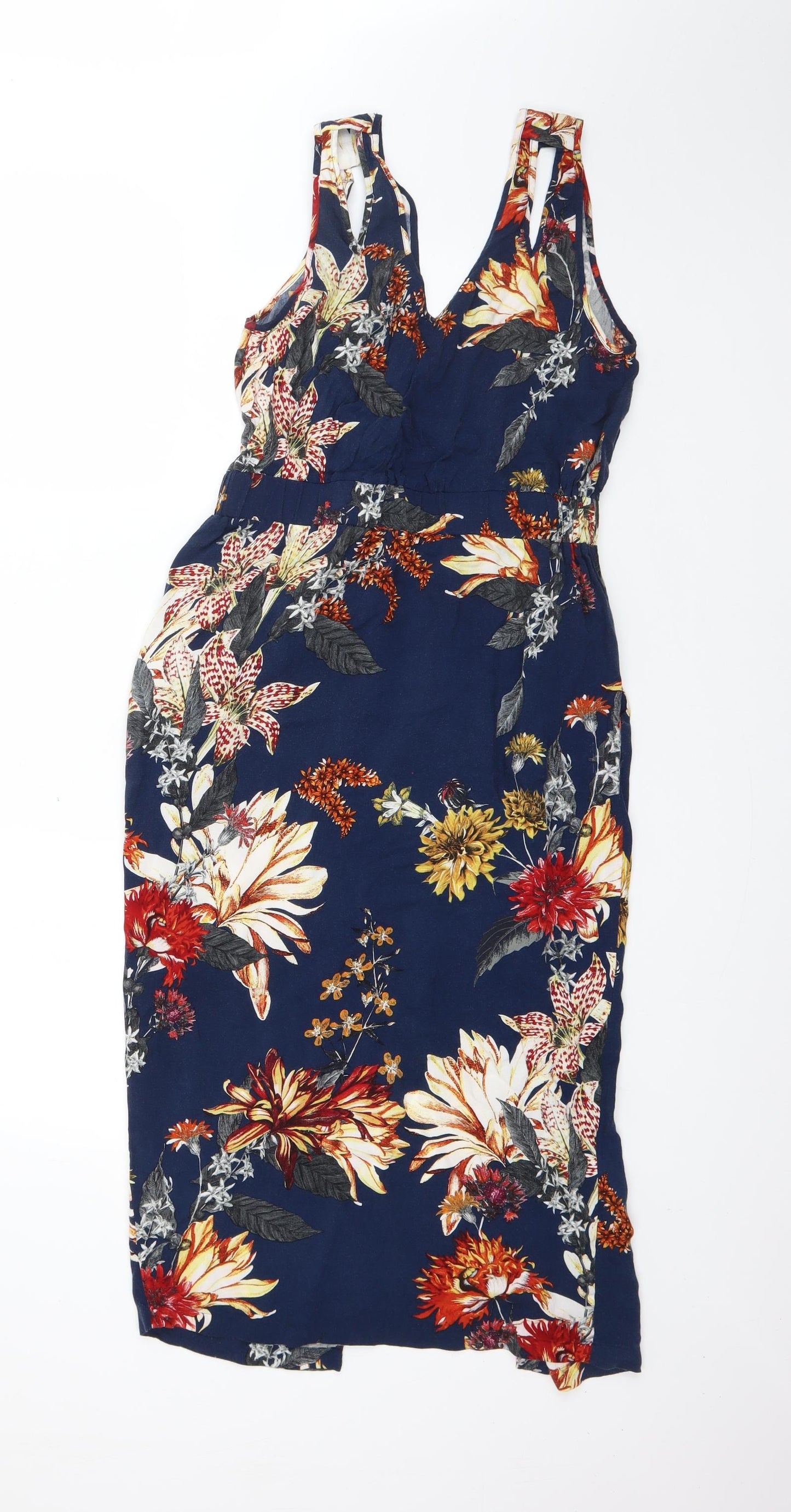 Warehouse Womens Blue Floral Viscose Shift  Size 12  V-Neck