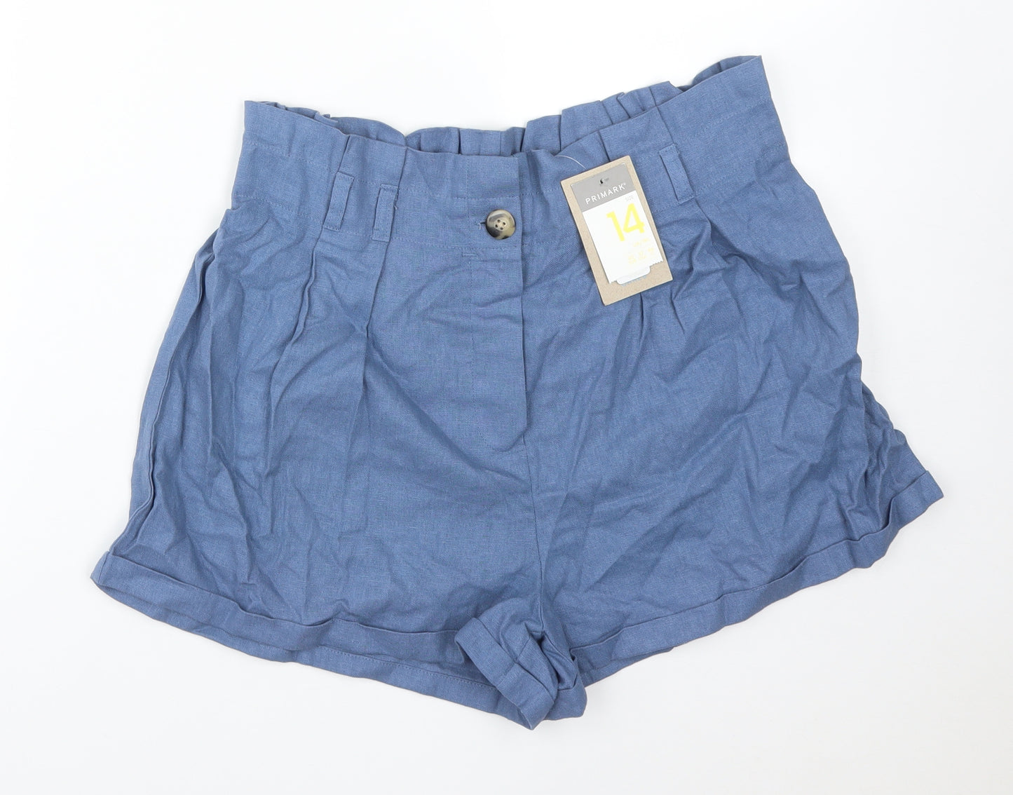 Primark Womens Blue  Linen Paperbag Shorts Size 14  Regular
