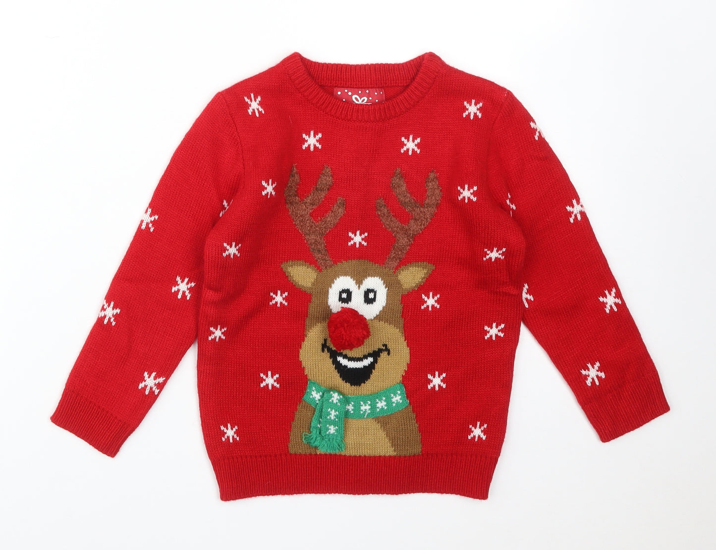 Primark Boys Red  Acrylic Pullover Sweatshirt Size 4-5 Years   - REINDEER, SNOWFLAKES